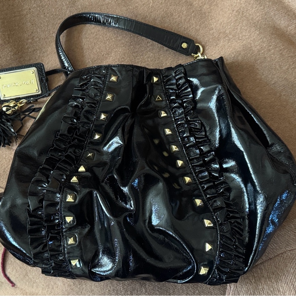 Betsey Johnson Shiny Black Shoulder Bag with Gold Studs